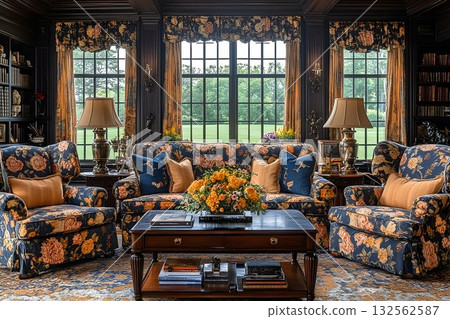 Elegant living room interior with floral sofas and large windows 132562587