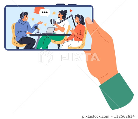 Hand holding smartphone with podcast. News or online show on screen. Watching videos online at display. Mobile digital broadcast. Live streaming vlog. Social media interview. Vector concept Hand holding smartphone with podcast. News or online show on screen. Watching videos online at display. Mobile digital broadcast. Live streaming vlog. Social media interview. Vector concept 132562634