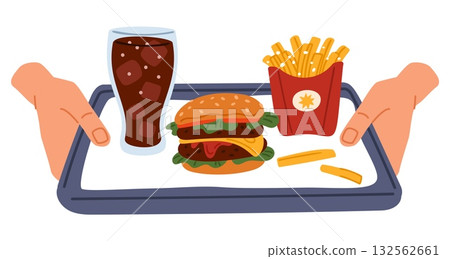 Hands holding tray of food. Burger and fries eating. Soda drink. Arms carrying junk hamburger, fried potato and cola glass. Unhealthy fat meal calories. Fastfood order. Vector concept 132562661