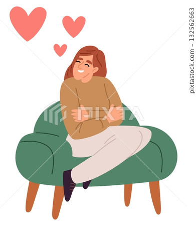 Happy girl hugs herself while sitting in chair. Love yourself. Young woman relaxing on armchair. Mindfulness and self-esteem. Mental health and harmony. Vector concept of self acceptance 132562663