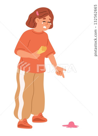 Little girl holding empty waffle cup and crying because ice cream fell on ground. Spoiled sweet food. Summer melted snack crash. Fail and trouble. Child eating popsicle. Vector concept 132562665