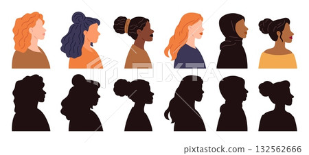 Multinational women faces. Different girls heads side view. Black silhouettes. Femininity diversity. Stylish haircuts. Caucasian and African female portraits. Vector set of facial profiles Multinational women faces. Different girls heads side view. Black silhouettes. Femininity diversity. Stylish haircuts. Caucasian and African female portraits. Vector set of facial profiles 132562666