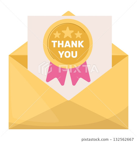Postal envelope containing thank you letter with award or medal inside. Gratitude lettering. Correspondence document. Send mail with thankfulness. Gratefulness message. Vector concept 132562667