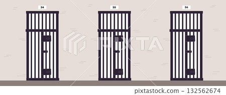 Prison corridor with grated cell doors and rooms above them. Jail interior. Closed metal doorway. Prisoner punishment. Steel cage with gate locks. Jailhouse imprisonment. Vector background 132562674