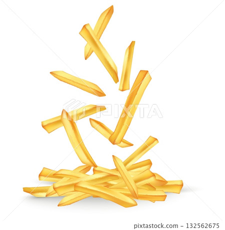 Realistic falling fries. Fried French potato on white background. Fastfood product. Nosh snack sticks. Prepared tuber slices. Roasted vegetable pieces. Baked chips. Vector isolated object Realistic falling fries. Fried French potato on white background. Fastfood product. Nosh snack sticks. Prepared tuber slices. Roasted vegetable pieces. Baked chips. Vector isolated object 132562675