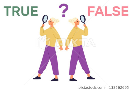 Woman with magnifying glass separates truth from lies. Girl verifying information. Data analyze. Thoughtful person researching true and false. Fakes find. Deceit or fact. Vector concept Woman with magnifying glass separates truth from lies. Girl verifying information. Data analyze. Thoughtful person researching true and false. Fakes find. Deceit or fact. Vector concept 132562695