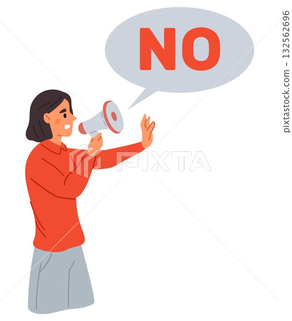 Woman with megaphone in her hand says no. Girl shows her hand with refusal symbol. Stop gesture. Speaking through loudspeaker. Negative reaction. Denial expression signal. Vector concept 132562696