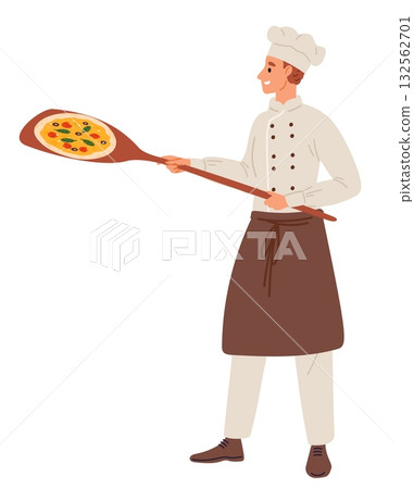 Young cook in uniform holds mouthwatering pizza on wooden shovel. Chef baker cooking Italian food. Pizzaiolo in baking gourmet pepperoni. Pizzeria restaurant kitchen. Vector concept Young cook in uniform holds mouthwatering pizza on wooden shovel. Chef baker cooking Italian food. Pizzaiolo in baking gourmet pepperoni. Pizzeria restaurant kitchen. Vector concept 132562701