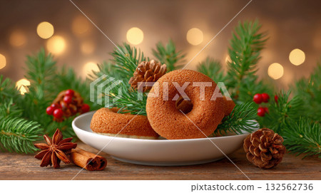 Delicious gingerbread mini donuts on a white plate, adorned with festive pine branches, berries, and pinecones, set on a rustic wooden table with bokeh lights 132562736