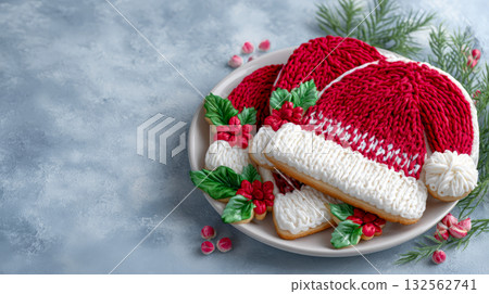 Festive sugar cookies shaped like Santa hats and holly, intricately decorated with icing to resemble knitting, are presented on a white plate Festive sugar cookies shaped like Santa hats and holly, intricately decorated with icing to resemble knitting, are presented on a white plate 132562741