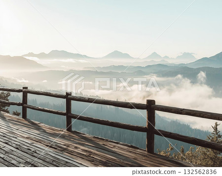 沐浴在晨光中的山頂觀景台風景插圖 132562836