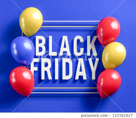 Black Friday banner with "BLACK FRIDAY" text in white 3D letters on a blue textured background, framed by yellow and white lines 132562927