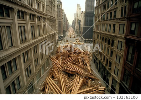 Urban street scene with lumber pile cityscape construction or demolition Urban street scene with lumber pile cityscape construction or demolition 132563100