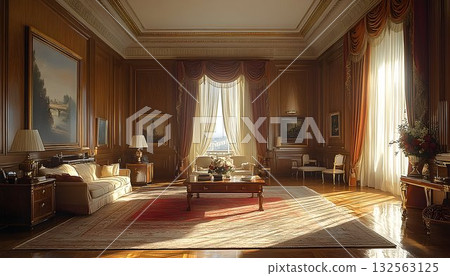 Elegant living room interior design sunlight wooden walls classic style Elegant living room interior design sunlight wooden walls classic style 132563125