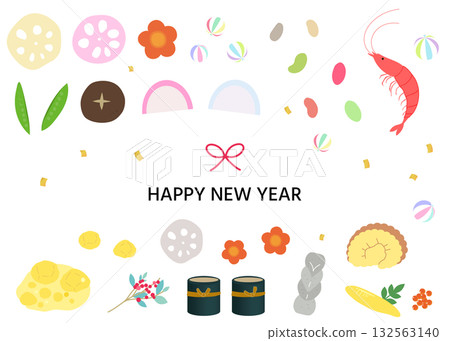 禦節料理圖示插畫集 新年賀卡插畫素材 日本料理 132563140