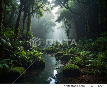 A stream flowing through a dark, dense jungle - AI-generated image A stream flowing through a dark, dense jungle - AI-generated image 132563225