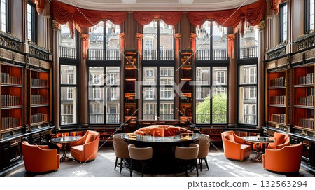 Luxurious library interior with large windows and orange armchairs Luxurious library interior with large windows and orange armchairs 132563294