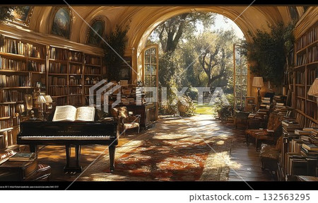 Sunlit library interior with garden view bookshelves piano and archway 132563295