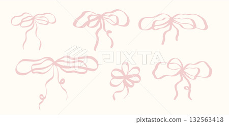 Whimsical ribbon and bow set drawn in coquette retro doodle style with pink and red accents. Cute vintage vector collection perfect for invitation card decoration or girl party design. Whimsical ribbon and bow set drawn in coquette retro doodle style with pink and red accents. Cute vintage vector collection perfect for invitation card decoration or girl party design. 132563418