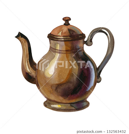 watercolor drawing vintage silver and copper objects, cauldron, pitcher, keys, teapots and kerosene lamp isolated at white background, hand drawn illustration 132563432