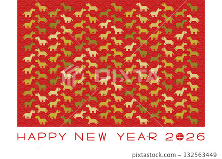 2026年馬年新年賀卡,紅色日式圖案背景上的馬圖案 2026年馬年新年賀卡,紅色日式圖案背景上的馬圖案 132563449