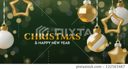 Green Christmas background with hanging golden balls, stars and sparkling bokeh lights 132563467