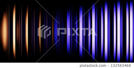 Neon ribbed fractal glass texture on black 3d background. Abstract vertical stripe pattern with glowing gold blue violet gradient. Sound wave pulse music light effect, night party bg. 3D illustration 132563468
