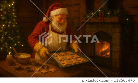 聖誕老公公從烤箱拿出剛出爐的餅乾 聖誕老公公從烤箱拿出剛出爐的餅乾 132563470