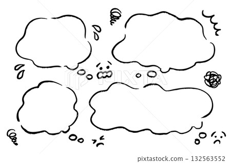 Hand-drawn speech bubble set expressing negative emotions | Monochrome illustrations depicting worries, impatience, stress, and confusion 132563552