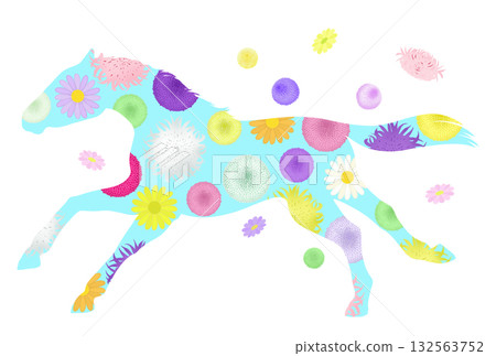 Illustration of a running horse and chrysanthemums 132563752