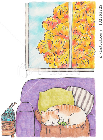 Illustration of autumn leaves outside the window and a cat taking a nap 132563825