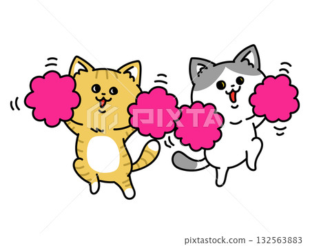 Cats cheering with pom-poms 132563883