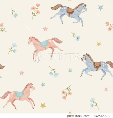 Pattern with cute horses in soft watercolor style, pastel colors for baby and kids room. Seamless gentle design with flowers perfect for nursery decor and prints 132563899