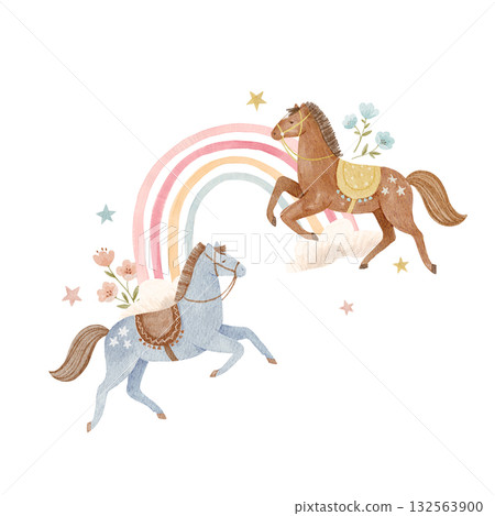Cute watercolor horses and rainbow illustration. Pastel farm animals with flowers, clouds and stars perfect for baby nursery prints, kids decor, wall art and children's room design. 132563900