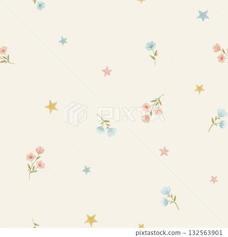 Beautiful seamless pattern with cute flowers and stars in baby style. Hand drawn print design background. 132563901