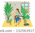 Illustration of a woman playing guitar and singing in a room 132563917