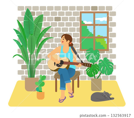 房間裡一位女子彈吉他唱歌的插圖 房間裡一位女子彈吉他唱歌的插圖 132563917