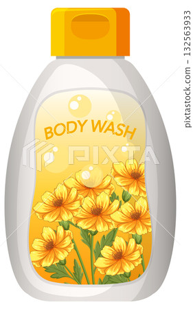 Floral Body Wash Bottle with Yellow Flowers and Bubbles 132563933