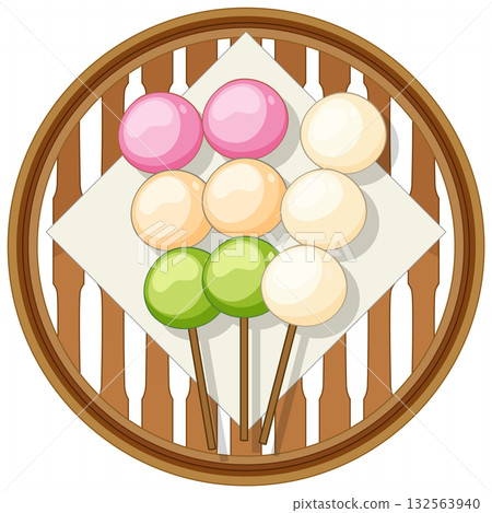 Colorful Dango Skewers on Bamboo Plate Top View 132563940