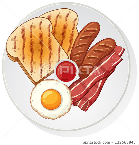 Classic Breakfast Plate with Toast, Sausage, Bacon, and Egg Classic Breakfast Plate with Toast, Sausage, Bacon, and Egg 132563943