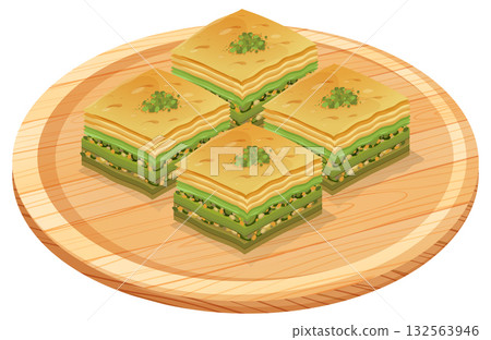 Four Pistachio Baklava Pieces on Wooden Plate Four Pistachio Baklava Pieces on Wooden Plate 132563946