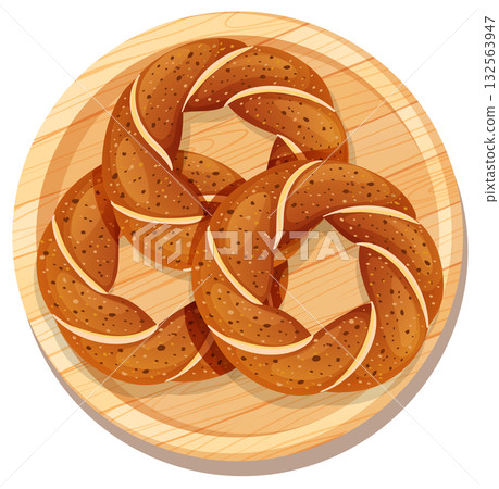 Three Twisted Bagels on Wooden Plate Top View 132563947