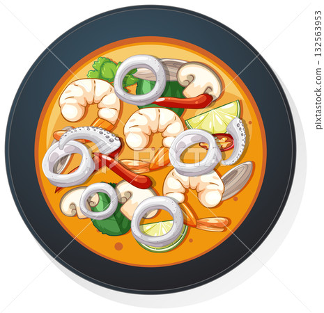Seafood Tom Yum Soup in Black Bowl Top View Seafood Tom Yum Soup in Black Bowl Top View 132563953