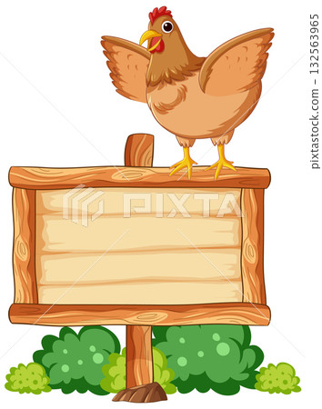 Cartoon Chicken Standing on Wooden Sign with Bushes Cartoon Chicken Standing on Wooden Sign with Bushes 132563965