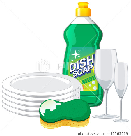 Dish Soap, Plates, Sponge, and Glasses Vector Illustration Dish Soap, Plates, Sponge, and Glasses Vector Illustration 132563969