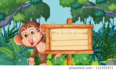 Curious Baby Monkey Peeking Behind Wooden Jungle Sign 132563971