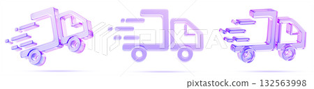 Holographic glass delivery truck 3d render icon set. Fast express delivery and shipping service. Purple transparent van outline, vehicle for transporting goods, distributing products. 3D illustration 132563998