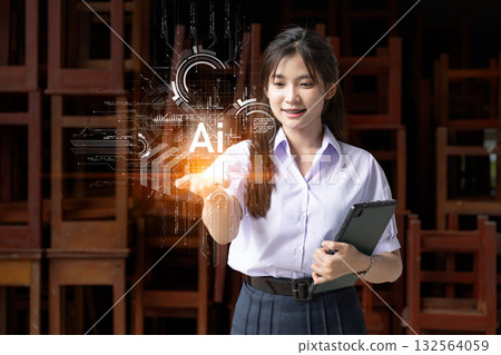 AI Technology for Smart Education concept, School uniform teen girl looking at AI wisdom on hand. 132564059
