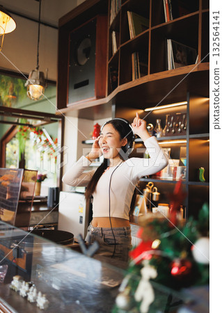 DJ Asian women young teen with music player, party sound entertainment happy smiling expression 132564141