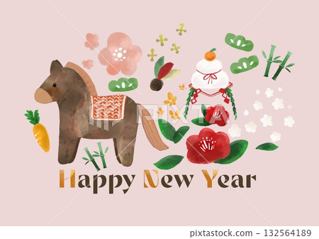 Cute Scandinavian-style New Year's card with Year of the Horse illustration Cute Scandinavian-style New Year's card with Year of the Horse illustration 132564189
